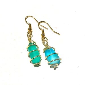 Hand Crafted 18k Gold Plated Wire Wrapped Sea Glass Earrings